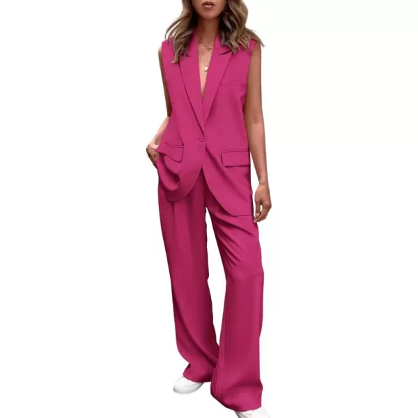 PRETTYGARDEN Womens 2 Piece Outfits Sleeveless Suit Vest and Wide Leg Pants Business Casual Blazer SetsRose Red