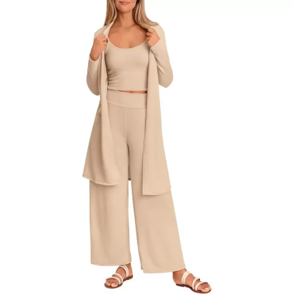 PRETTYGARDEN Womens Fall 3 Piece Pajamas Lounge Sets Ribbed Knit Long Cardigan Cropped Tank Tops Wide Leg PantsBeige