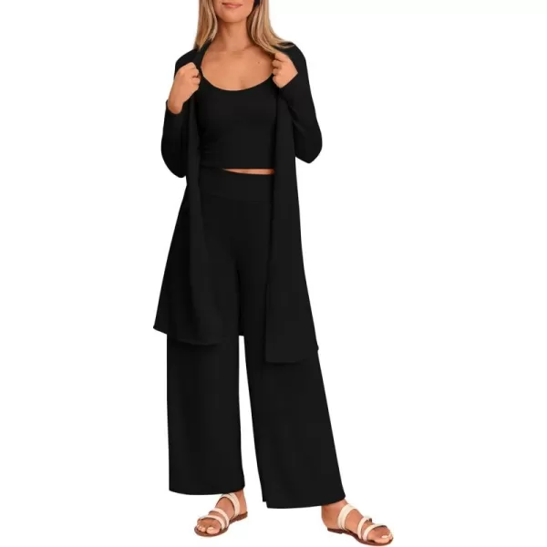 PRETTYGARDEN Womens Fall 3 Piece Pajamas Lounge Sets Ribbed Knit Long Cardigan Cropped Tank Tops Wide Leg PantsBlack