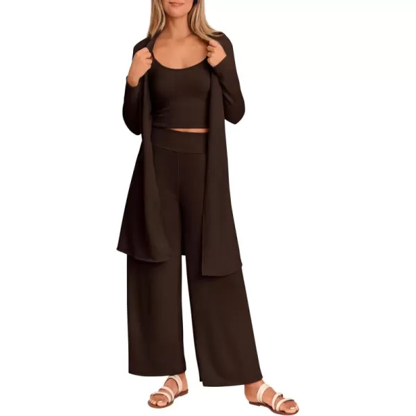 PRETTYGARDEN Womens Fall 3 Piece Pajamas Lounge Sets Ribbed Knit Long Cardigan Cropped Tank Tops Wide Leg PantsBrown