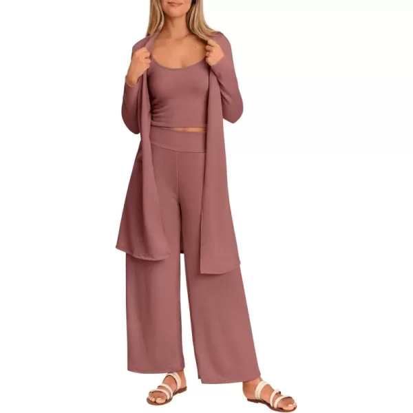 PRETTYGARDEN Womens Fall 3 Piece Pajamas Lounge Sets Ribbed Knit Long Cardigan Cropped Tank Tops Wide Leg PantsDusty Pink