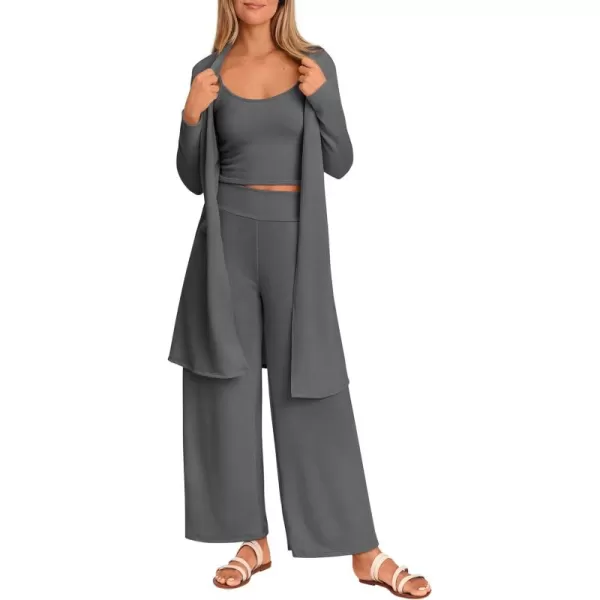 PRETTYGARDEN Womens Fall 3 Piece Pajamas Lounge Sets Ribbed Knit Long Cardigan Cropped Tank Tops Wide Leg PantsGrey