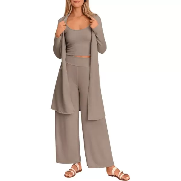 PRETTYGARDEN Womens Fall 3 Piece Pajamas Lounge Sets Ribbed Knit Long Cardigan Cropped Tank Tops Wide Leg PantsKhaki