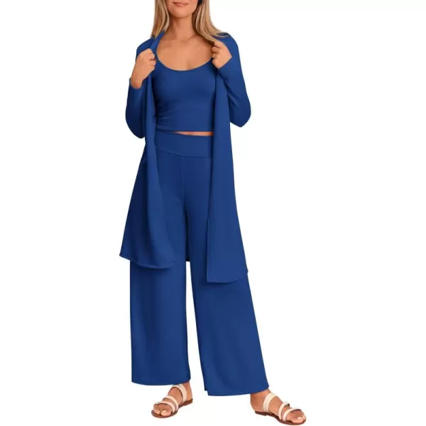 PRETTYGARDEN Womens Fall 3 Piece Pajamas Lounge Sets Ribbed Knit Long Cardigan Cropped Tank Tops Wide Leg PantsRoyal Blue