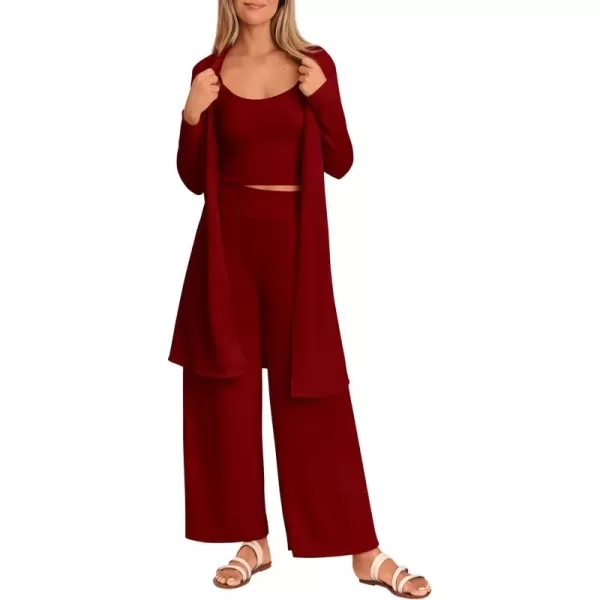 PRETTYGARDEN Womens Fall 3 Piece Pajamas Lounge Sets Ribbed Knit Long Cardigan Cropped Tank Tops Wide Leg PantsWine Red