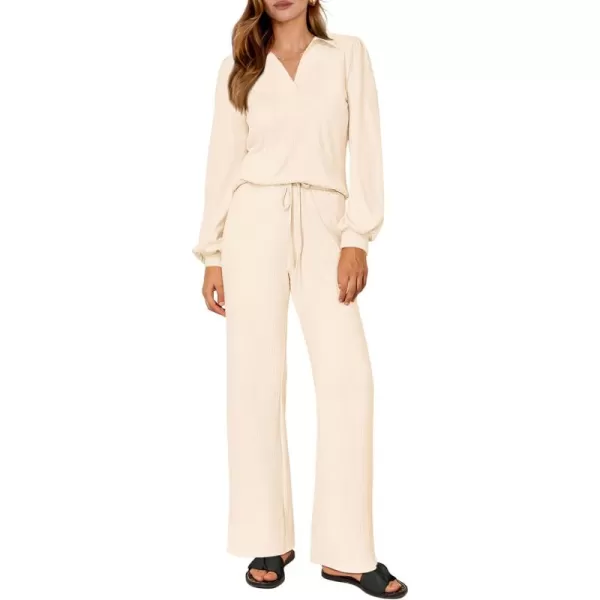 PRETTYGARDEN Womens Fall Clothes Two Piece Outfit Set Long Sleeve Lapel V Neck Tops Blouses Wide Leg Pants Ribbed TracksuitBeige