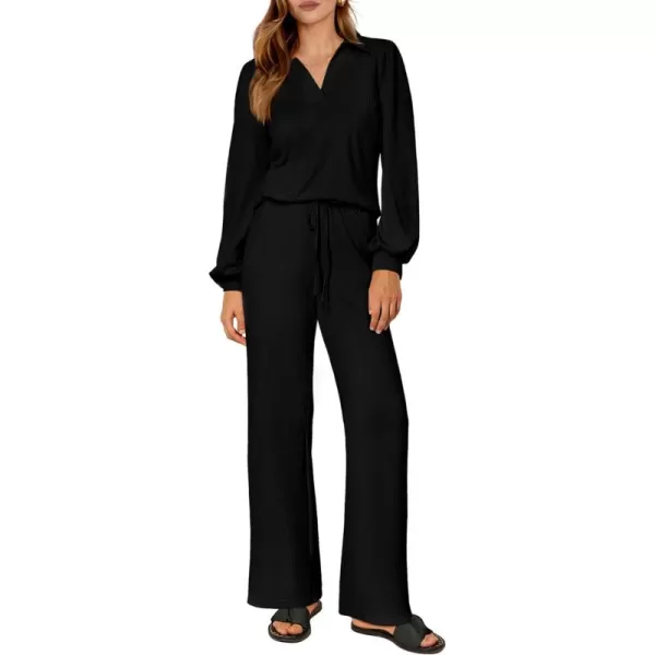 PRETTYGARDEN Womens Fall Clothes Two Piece Outfit Set Long Sleeve Lapel V Neck Tops Blouses Wide Leg Pants Ribbed TracksuitBlack