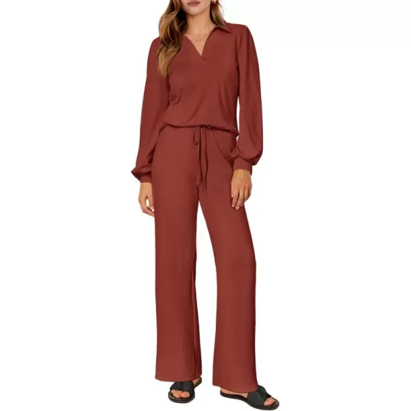 PRETTYGARDEN Womens Fall Clothes Two Piece Outfit Set Long Sleeve Lapel V Neck Tops Blouses Wide Leg Pants Ribbed TracksuitBrick Red