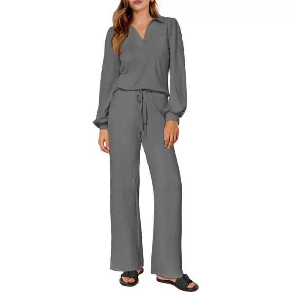 PRETTYGARDEN Womens Fall Clothes Two Piece Outfit Set Long Sleeve Lapel V Neck Tops Blouses Wide Leg Pants Ribbed TracksuitGrey