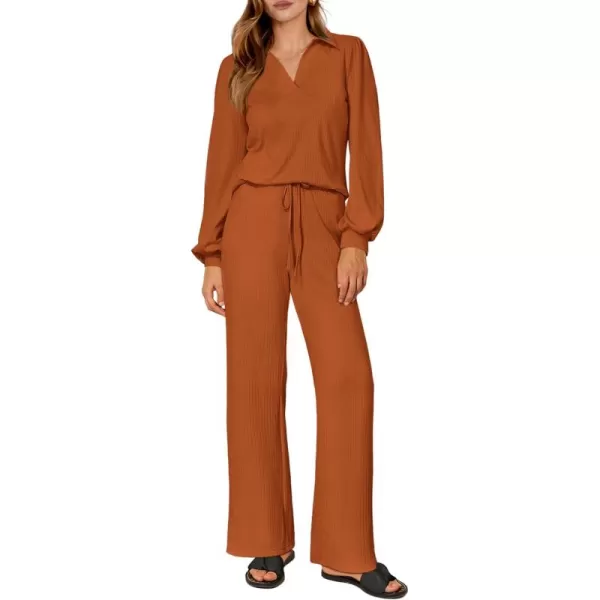 PRETTYGARDEN Womens Fall Clothes Two Piece Outfit Set Long Sleeve Lapel V Neck Tops Blouses Wide Leg Pants Ribbed TracksuitLight Brown