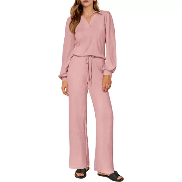 PRETTYGARDEN Womens Fall Clothes Two Piece Outfit Set Long Sleeve Lapel V Neck Tops Blouses Wide Leg Pants Ribbed TracksuitPink