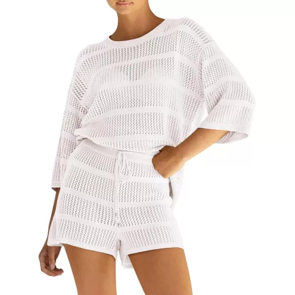 PRETTYGARDEN Womens Summer 2 Piece Swimsuit Coverup Hollow Out Knit Half Sleeve Tops Shorts Sets Bathing Suit Beach OutfitsBeige White
