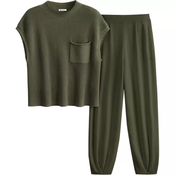 PRETTYGARDEN Womens Two Piece Outfits Sweater Sets Knit Pullover Tops And High Waisted Pants Matching Tracksuit Sweatsuit SetArmy Green