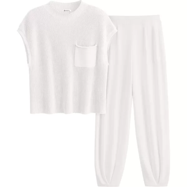 PRETTYGARDEN Womens Two Piece Outfits Sweater Sets Knit Pullover Tops And High Waisted Pants Matching Tracksuit Sweatsuit SetBeige White