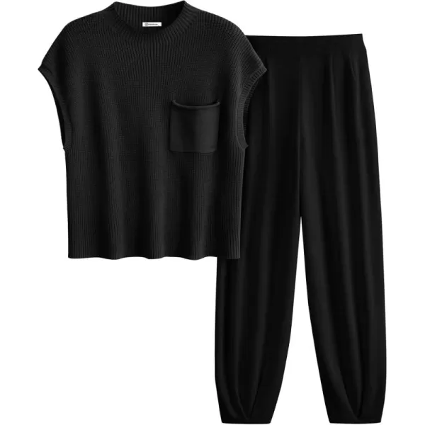 PRETTYGARDEN Womens Two Piece Outfits Sweater Sets Knit Pullover Tops And High Waisted Pants Matching Tracksuit Sweatsuit SetBlack