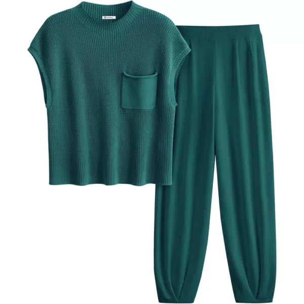 PRETTYGARDEN Womens Two Piece Outfits Sweater Sets Knit Pullover Tops And High Waisted Pants Matching Tracksuit Sweatsuit SetBlue Green