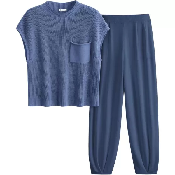 PRETTYGARDEN Womens Two Piece Outfits Sweater Sets Knit Pullover Tops And High Waisted Pants Matching Tracksuit Sweatsuit SetDark Blue