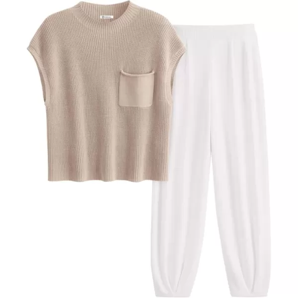 PRETTYGARDEN Womens Two Piece Outfits Sweater Sets Knit Pullover Tops And High Waisted Pants Matching Tracksuit Sweatsuit SetKhaki Beige White