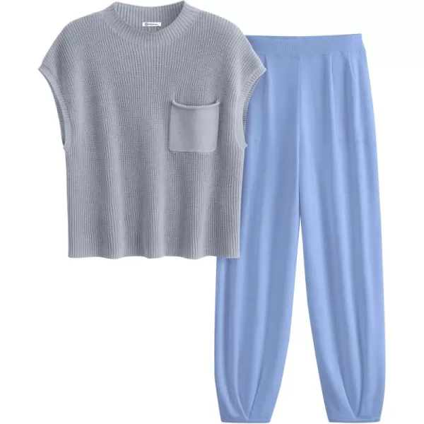 PRETTYGARDEN Womens Two Piece Outfits Sweater Sets Knit Pullover Tops And High Waisted Pants Matching Tracksuit Sweatsuit SetSky Blue