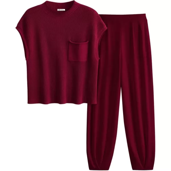 PRETTYGARDEN Womens Two Piece Outfits Sweater Sets Knit Pullover Tops And High Waisted Pants Matching Tracksuit Sweatsuit SetWine Red