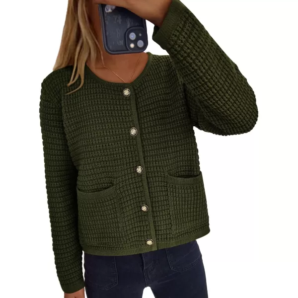 PRETTYGARDEN Open Front Cardigan Sweaters for Women Button Down Long Sleeve Casual Cute Knitted Shirts with PocketsArmy Green