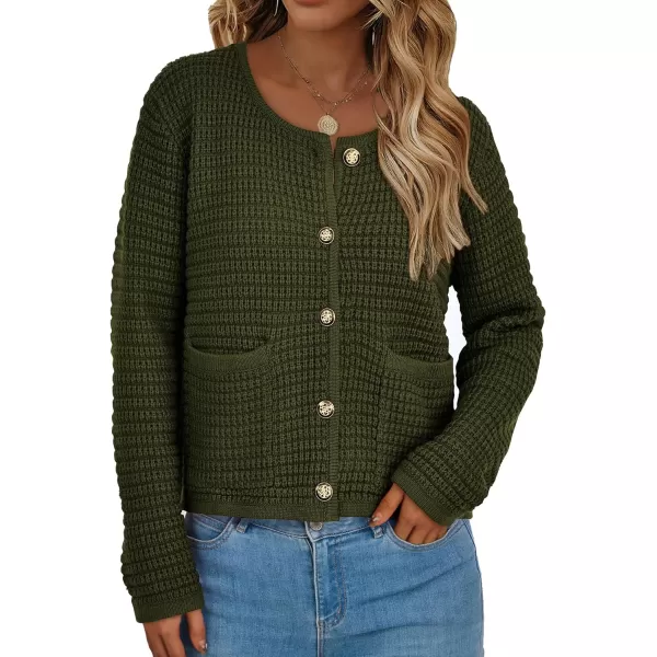 PRETTYGARDEN Open Front Cardigan Sweaters for Women Button Down Long Sleeve Casual Cute Knitted Shirts with PocketsArmy Green