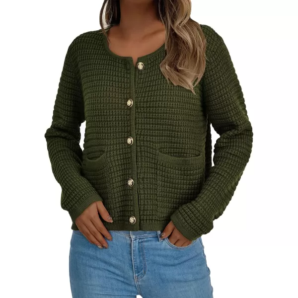 PRETTYGARDEN Open Front Cardigan Sweaters for Women Button Down Long Sleeve Casual Cute Knitted Shirts with PocketsArmy Green