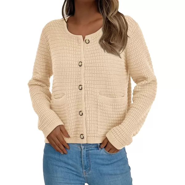 PRETTYGARDEN Open Front Cardigan Sweaters for Women Button Down Long Sleeve Casual Cute Knitted Shirts with PocketsBeige