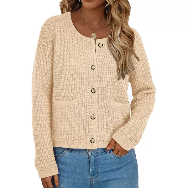 PRETTYGARDEN Open Front Cardigan Sweaters for Women Button Down Long Sleeve Casual Cute Knitted Shirts with PocketsBeige