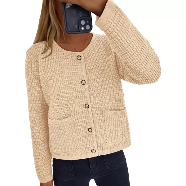 PRETTYGARDEN Open Front Cardigan Sweaters for Women Button Down Long Sleeve Casual Cute Knitted Shirts with PocketsBeige