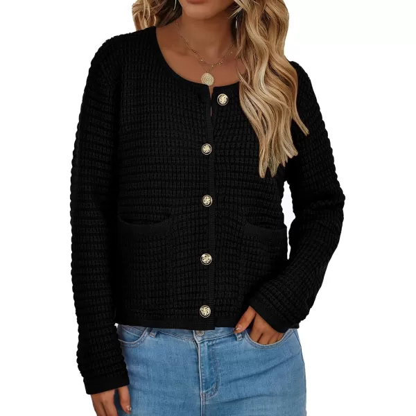 PRETTYGARDEN Open Front Cardigan Sweaters for Women Button Down Long Sleeve Casual Cute Knitted Shirts with PocketsBlack