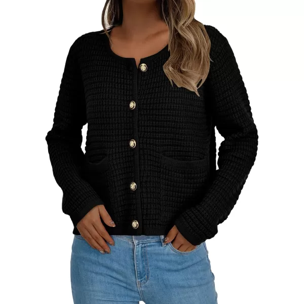 PRETTYGARDEN Open Front Cardigan Sweaters for Women Button Down Long Sleeve Casual Cute Knitted Shirts with PocketsBlack