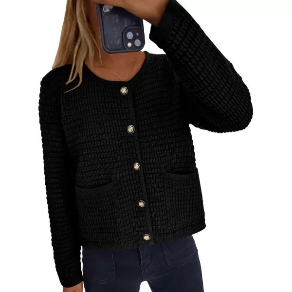 PRETTYGARDEN Open Front Cardigan Sweaters for Women Button Down Long Sleeve Casual Cute Knitted Shirts with PocketsBlack