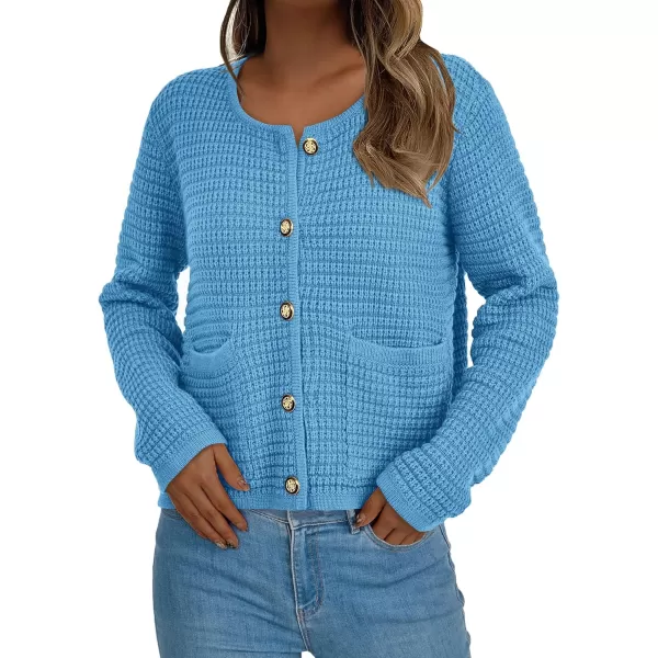 PRETTYGARDEN Open Front Cardigan Sweaters for Women Button Down Long Sleeve Casual Cute Knitted Shirts with PocketsBlue
