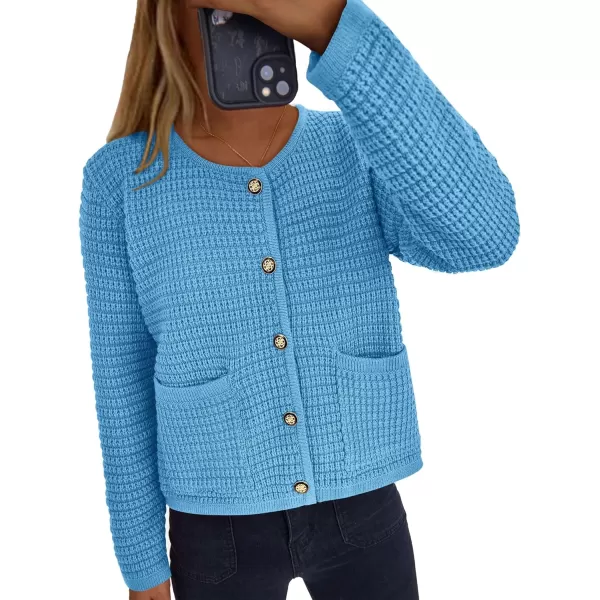 PRETTYGARDEN Open Front Cardigan Sweaters for Women Button Down Long Sleeve Casual Cute Knitted Shirts with PocketsBlue