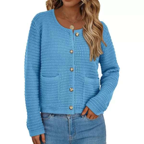 PRETTYGARDEN Open Front Cardigan Sweaters for Women Button Down Long Sleeve Casual Cute Knitted Shirts with PocketsBlue