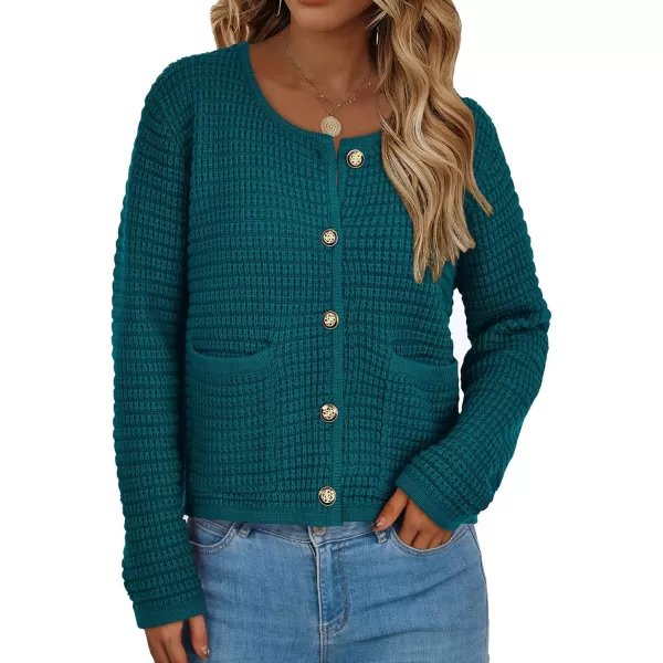 PRETTYGARDEN Open Front Cardigan Sweaters for Women Button Down Long Sleeve Casual Cute Knitted Shirts with PocketsBlue Green