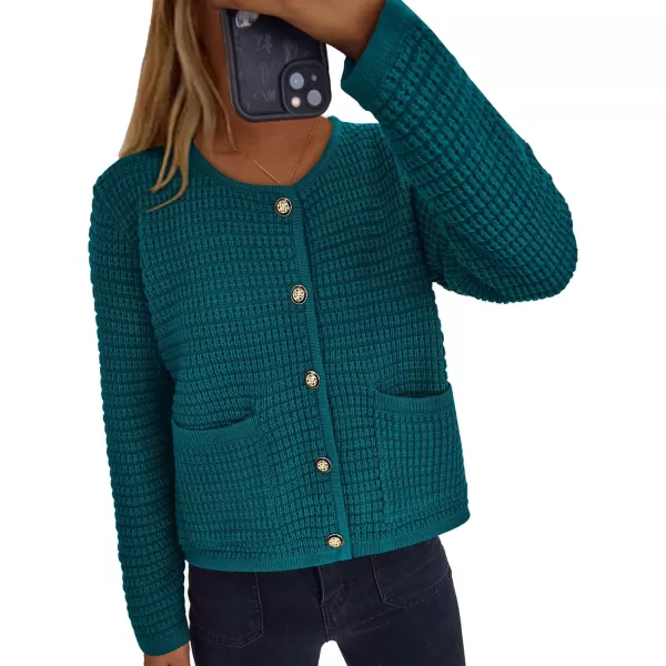 PRETTYGARDEN Open Front Cardigan Sweaters for Women Button Down Long Sleeve Casual Cute Knitted Shirts with PocketsBlue Green