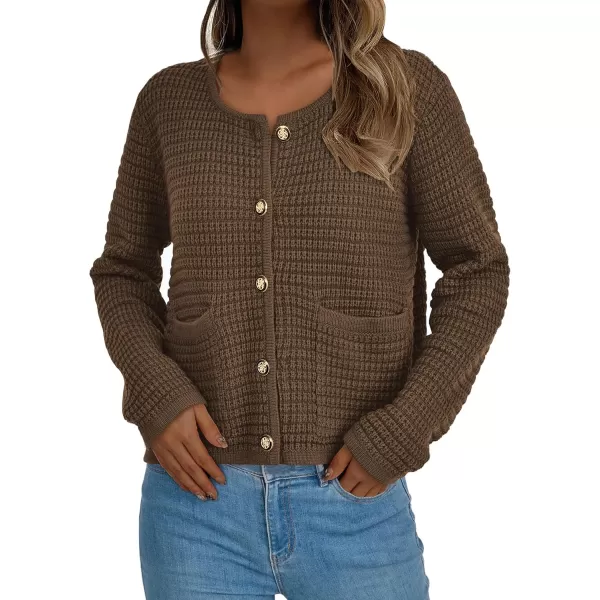 PRETTYGARDEN Open Front Cardigan Sweaters for Women Button Down Long Sleeve Casual Cute Knitted Shirts with PocketsCoffee