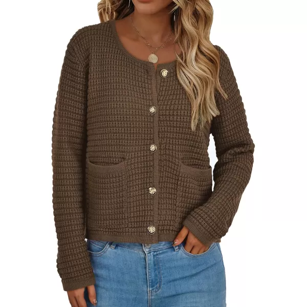 PRETTYGARDEN Open Front Cardigan Sweaters for Women Button Down Long Sleeve Casual Cute Knitted Shirts with PocketsCoffee