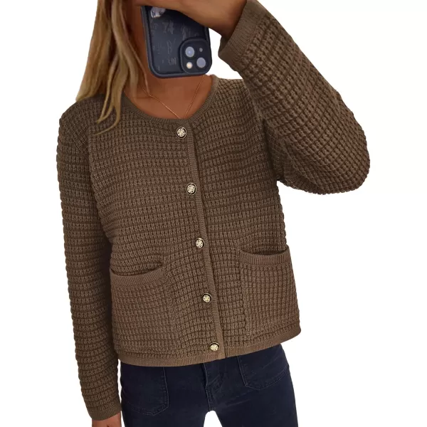 PRETTYGARDEN Open Front Cardigan Sweaters for Women Button Down Long Sleeve Casual Cute Knitted Shirts with PocketsCoffee