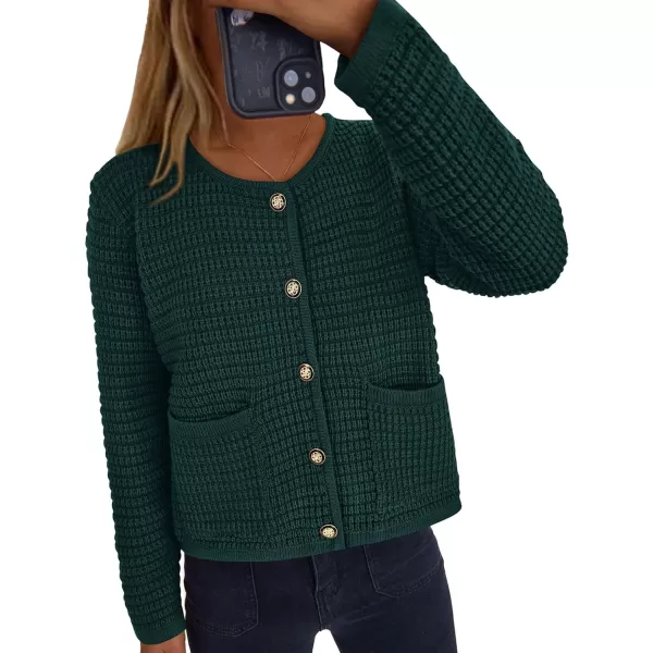PRETTYGARDEN Open Front Cardigan Sweaters for Women Button Down Long Sleeve Casual Cute Knitted Shirts with PocketsDark Green