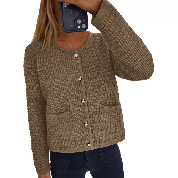 PRETTYGARDEN Open Front Cardigan Sweaters for Women Button Down Long Sleeve Casual Cute Knitted Shirts with PocketsDark Khaki