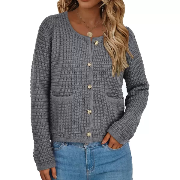 PRETTYGARDEN Open Front Cardigan Sweaters for Women Button Down Long Sleeve Casual Cute Knitted Shirts with PocketsGrey