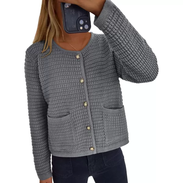 PRETTYGARDEN Open Front Cardigan Sweaters for Women Button Down Long Sleeve Casual Cute Knitted Shirts with PocketsGrey