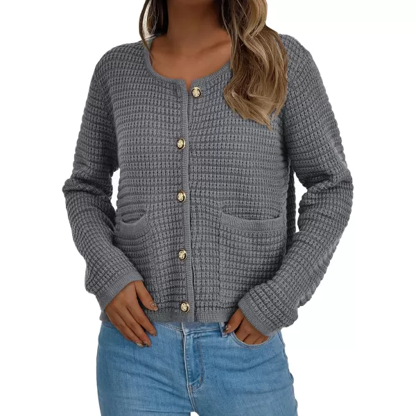 PRETTYGARDEN Open Front Cardigan Sweaters for Women Button Down Long Sleeve Casual Cute Knitted Shirts with PocketsGrey