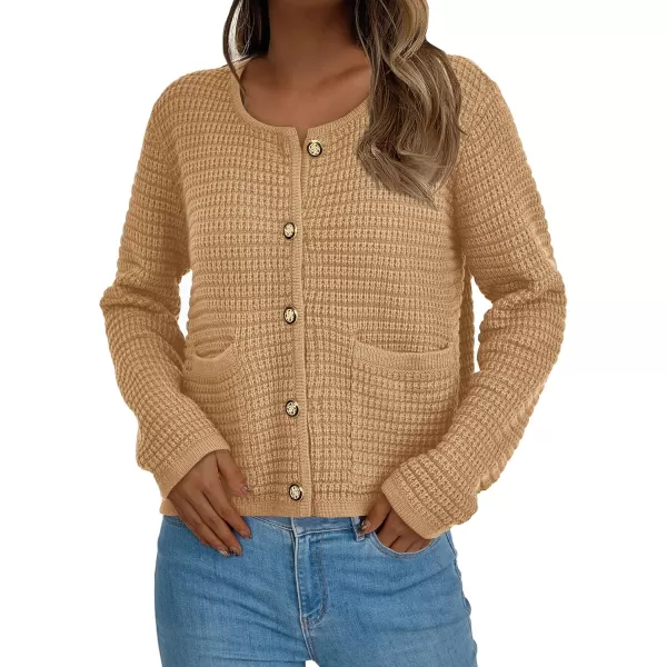 PRETTYGARDEN Open Front Cardigan Sweaters for Women Button Down Long Sleeve Casual Cute Knitted Shirts with PocketsKhaki