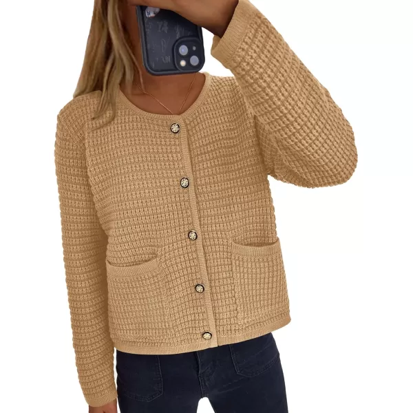 PRETTYGARDEN Open Front Cardigan Sweaters for Women Button Down Long Sleeve Casual Cute Knitted Shirts with PocketsKhaki
