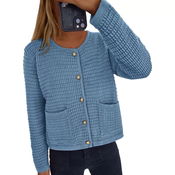 PRETTYGARDEN Open Front Cardigan Sweaters for Women Button Down Long Sleeve Casual Cute Knitted Shirts with PocketsMist Blue
