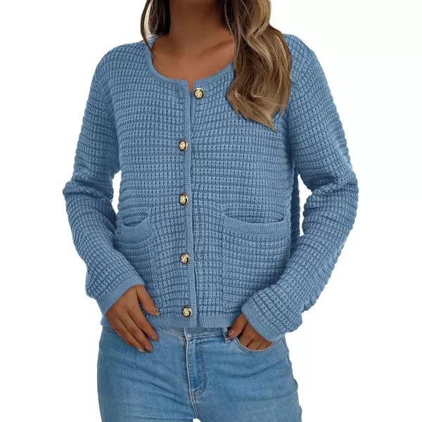 PRETTYGARDEN Open Front Cardigan Sweaters for Women Button Down Long Sleeve Casual Cute Knitted Shirts with PocketsMist Blue